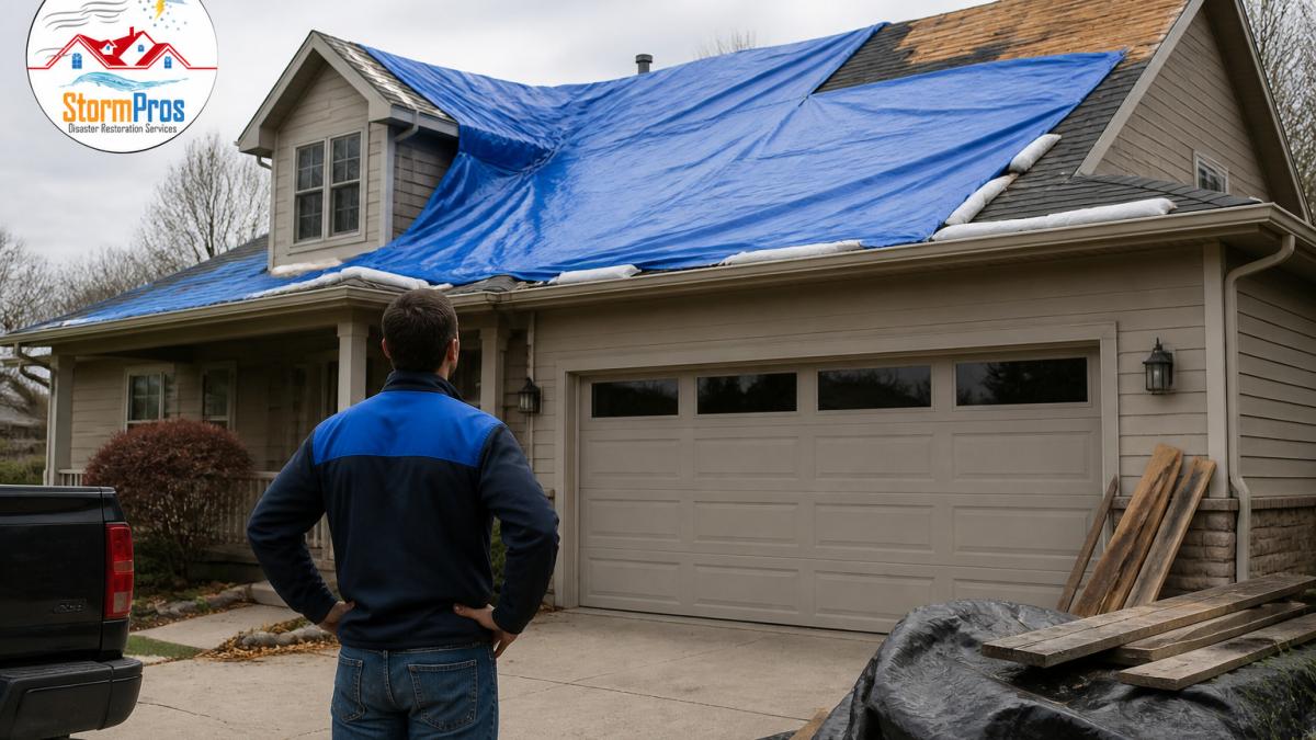 Homeowner looking at a blue tarp covering a roof after a storm hits before one abandons roof project.