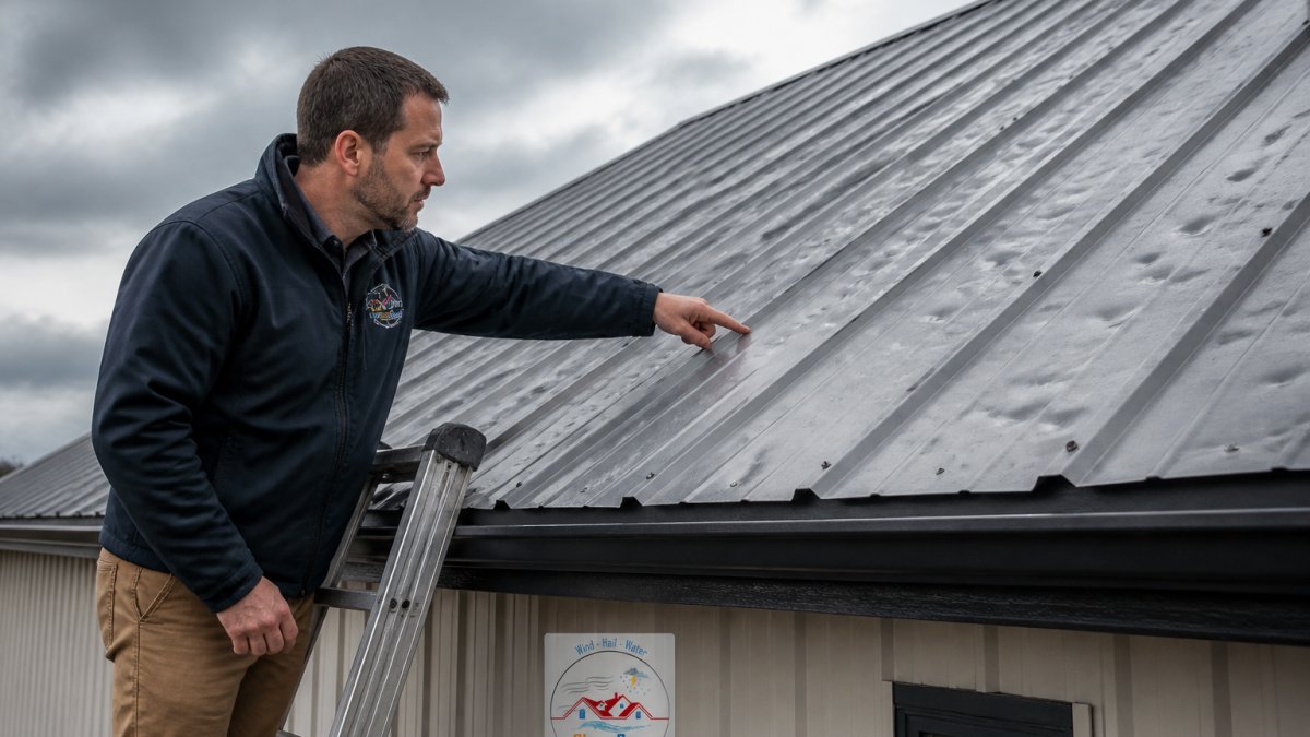 Homeowner pointing at hail dents on metal roof panels during an inspection to see if you can repair hail damage on a metal