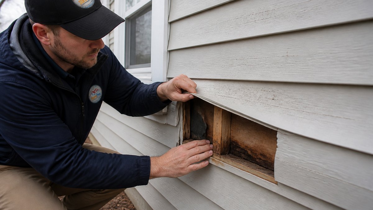Professional contractor's hands inspecting cracked and weathered vinyl siding panels on home exterior, checking for rot and water damage with focused attention