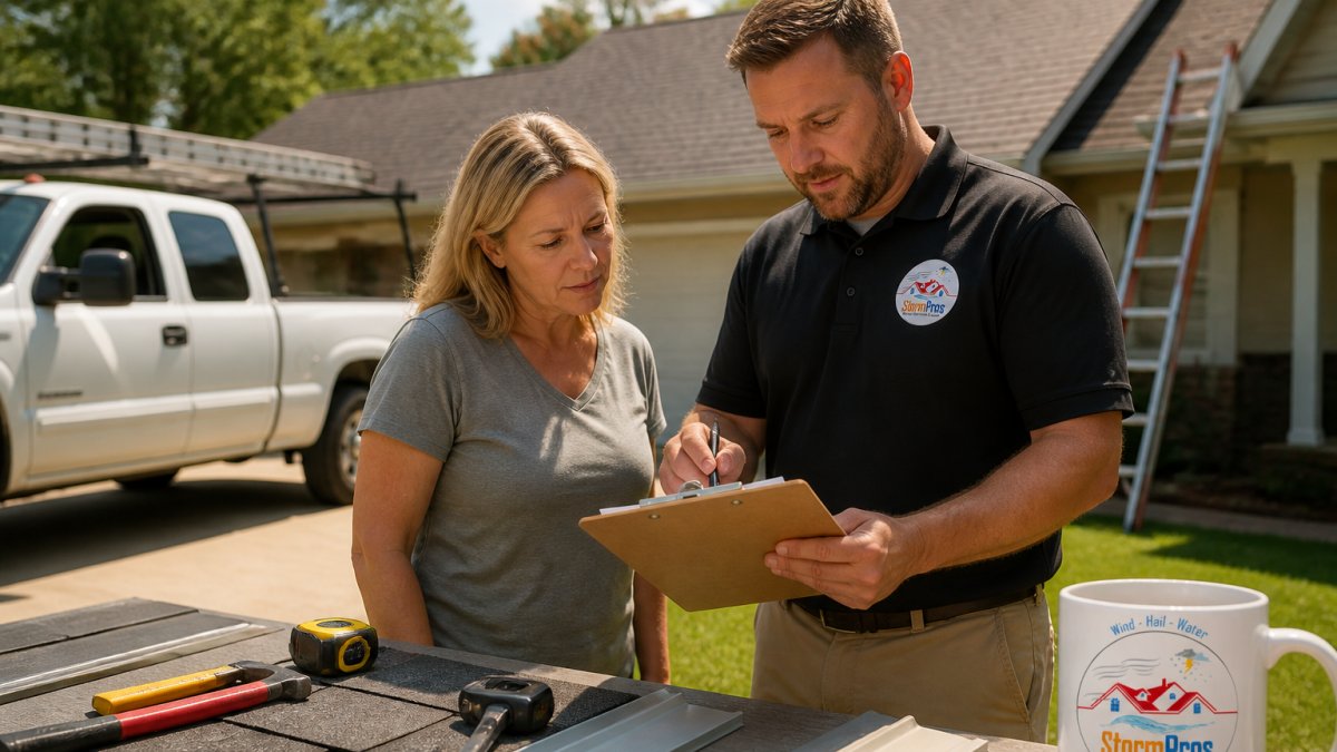 Homeowner and contractor reviewing a printed roof inspection report in a driveway