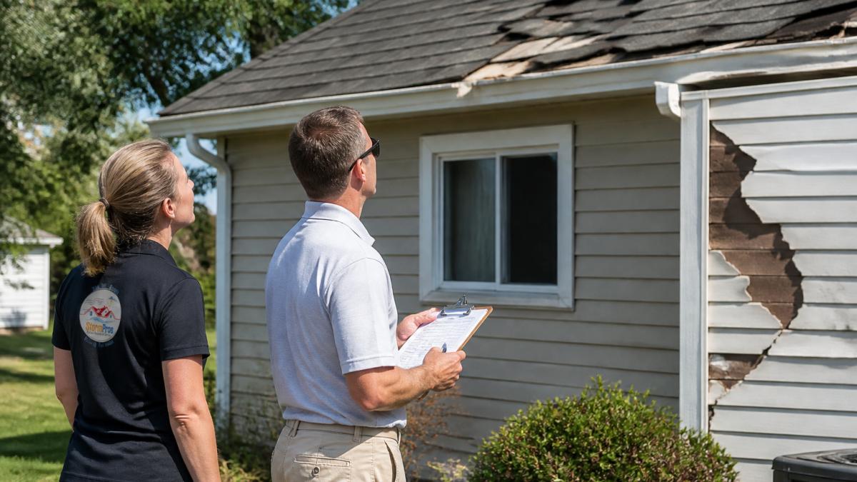 Homeowner and insurance adjuster reviewing roof and siding damage to handle insurance claim adjusters effectively.