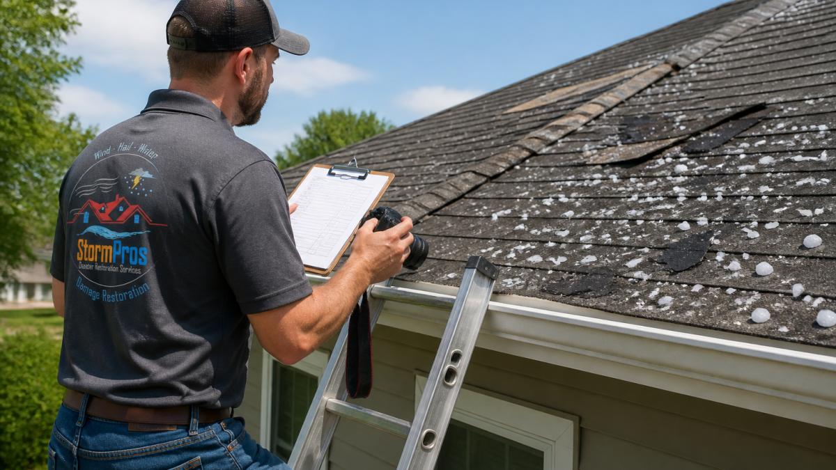 Homeowner standing on a ladder inspecting roof damage after a storm, holding a clipboard checklist and camera, with visible hail damage and debris on shingles in daylight