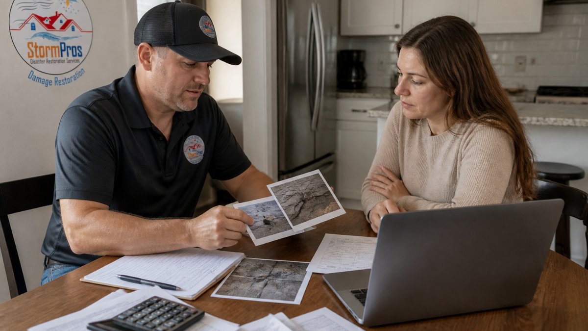 Homeowner and insurance claims adjuster reviewing damage photos and repair estimates at a kitchen table with laptop showing itemized claim details, receipts, and depreciation calculations