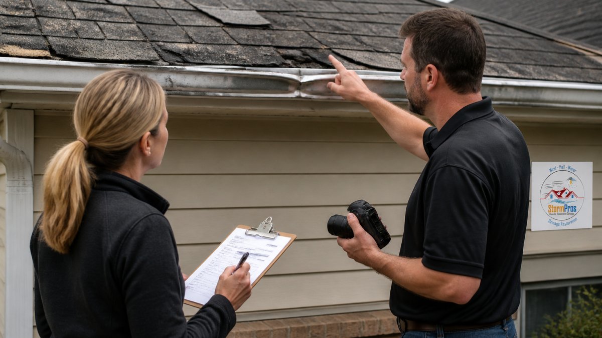 Homeowner and contractor inspecting hail-damaged roof for a supplemental insurance claim documentation