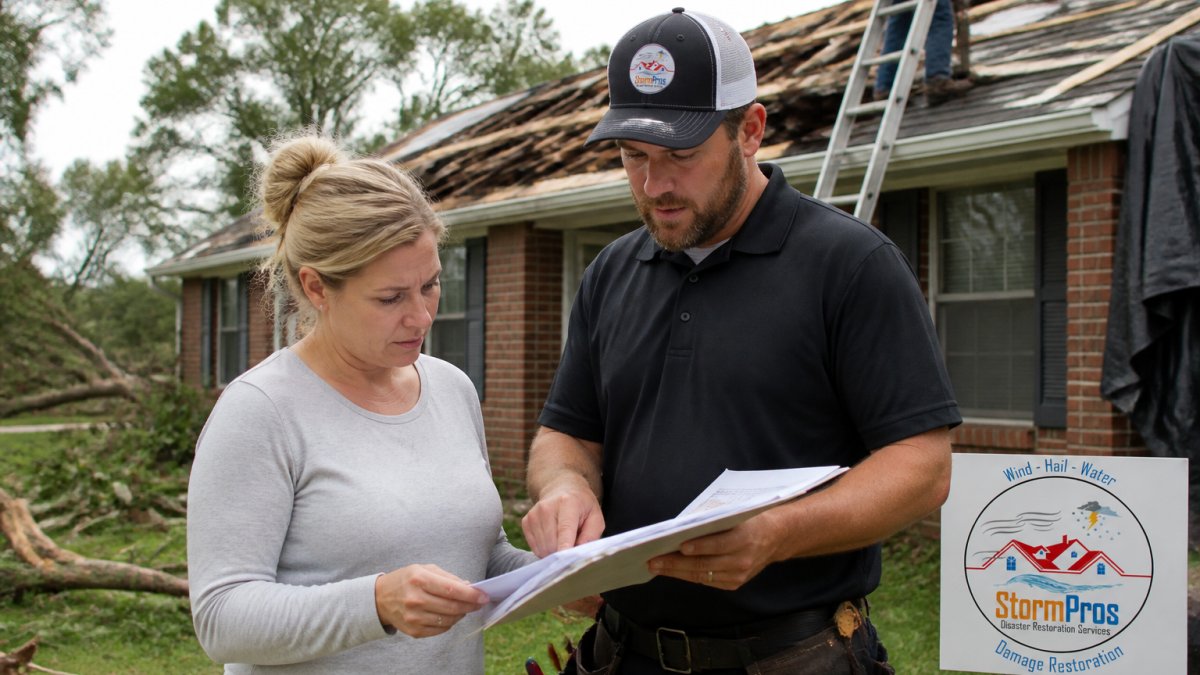 Homeowner reviewing credentials with a licensed contractor at a storm-damaged house during storm repairs.